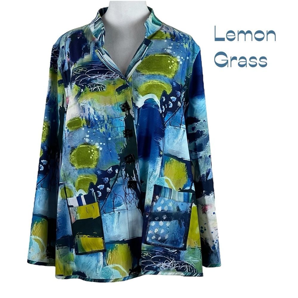 Lemon Grass Blues Greens Jacket NWOT Size XL Coastal Grandma
